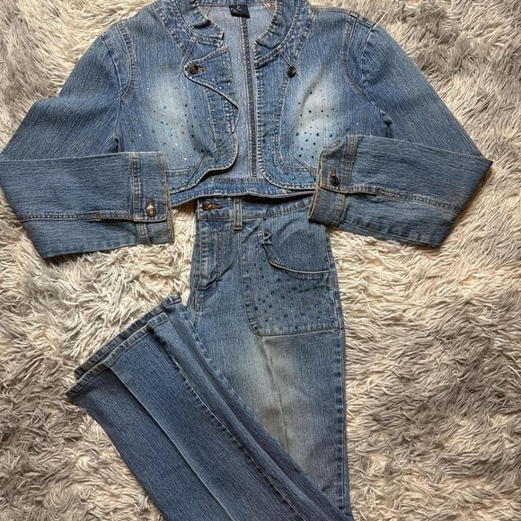 Jackets & Blazers - Vega Jeans Women's Blue denim 2-piece set with studded details